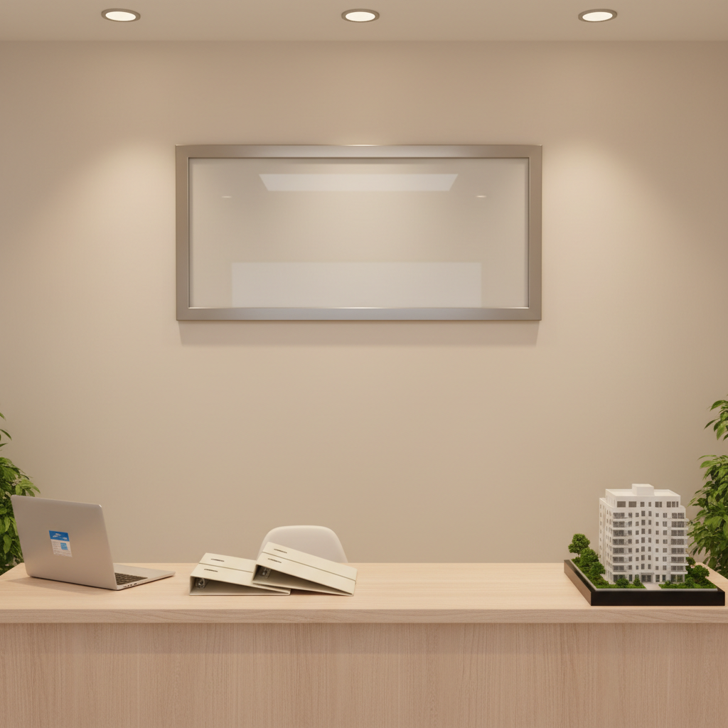 A clean, modern property management office reception desk set against a neutral-toned wall, with a large, blank framed panel on the wall designed to suggest space for a logo or contact information without showing actual text. On the sleek wood-grain desk surface, an open laptop, a tidy stack of property folders, and a small architectural model of a residential building subtly communicate organized management services. Soft, even indoor lighting from recessed ceiling fixtures creates a warm, welcoming glow. Photographed at eye level with a balanced, centered composition and photographic realism, the atmosphere feels professional, approachable, and ready for inquiries about property management and maintenance services.