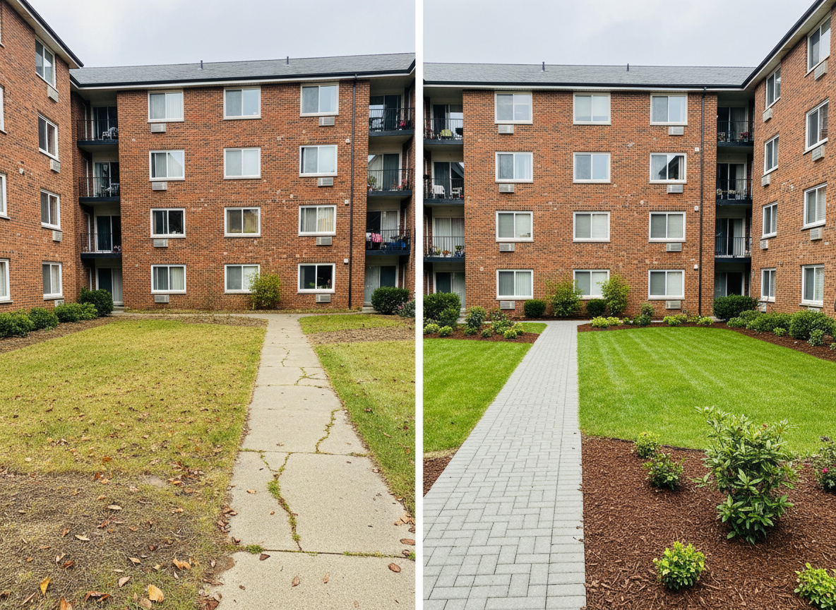 A split-frame photographic image showing a subtle before-and-after comparison of a small apartment building courtyard. On the left, slightly dull grass, scattered leaves, and a cracked walkway; on the right, lush green lawn with clean edges, newly mulched planting beds, and repaired, smooth pavers. The same mid-size brick building anchors both sides, ensuring continuity. Soft overcast daylight creates even, neutral lighting that highlights improvements without harsh shadows. Captured from a slightly elevated angle with sharp focus, the composition clearly distinguishes the transformation. The mood is confident and competent, underscoring the impact of professional property management and maintenance services.