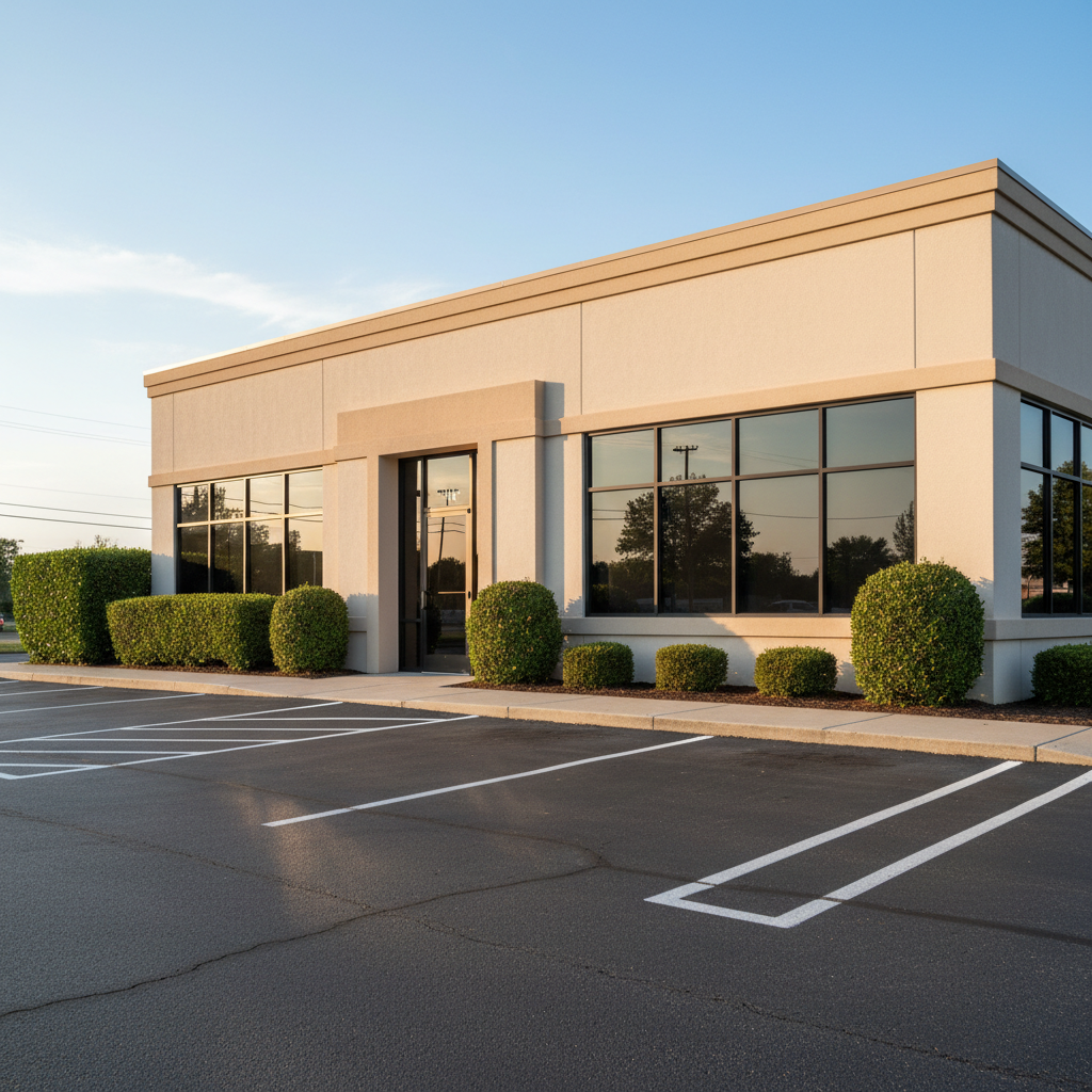 A mid-range photographic view of a small commercial building exterior, featuring a freshly power-washed facade, clean windows, and a spotless parking area with clear striping. Low-maintenance shrubs in mulched beds sit against the building, and a neatly trimmed hedge lines the property edge, hinting at ongoing lawn care and property maintenance. Warm late-afternoon sunlight casts gentle shadows along the building, adding depth to the clean surfaces. The camera is positioned at a slight three-quarter angle to show both the front and side, with sharp focus across the scene. The mood is polished and professional, projecting trust in a property management company that keeps assets looking their best.