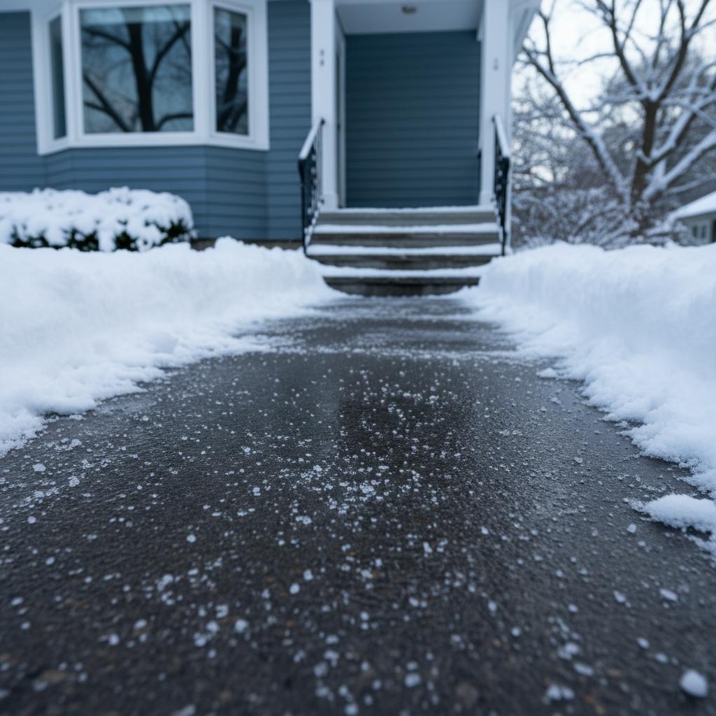 A detailed close-up of a residential front yard in winter, focusing on a cleared, salt-treated walkway bordered by neat snowbanks. The dark, wet concrete path contrasts with the bright, powdery snow on either side, subtly revealing careful snow removal and safety-conscious maintenance. A tidy front stoop with a shoveled staircase and visible handrail extends into the midground, with a well-kept home facade softly blurred in the background. Cool, diffused morning light reflects off the snow, creating a crisp, clean atmosphere. Photographed from a low, slightly angled perspective with shallow depth of field, the image feels professional and reassuring, emphasizing reliable winter property care.