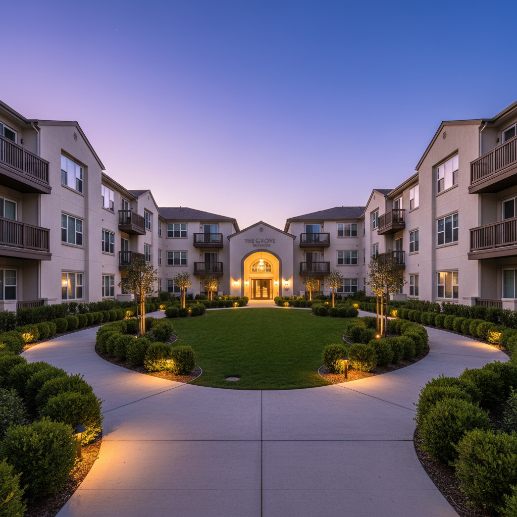 A wide, eye-level photographic shot of a multi-unit residential complex courtyard at dusk, featuring pristine pathways, strategically placed landscape lighting, and evenly trimmed bushes surrounding a central green lawn. The buildings’ exteriors appear freshly maintained, with clean siding and intact railings, subtly conveying attentive property care. Warm ground lights cast soft pools of light along the walkways, contrasting against the cool blue hour sky. The composition leads the eye through the courtyard toward an inviting, well-lit entryway, hinting at safe, well-managed living spaces. The mood is secure, calm, and professional, illustrating comprehensive property management from landscaping to structural upkeep.